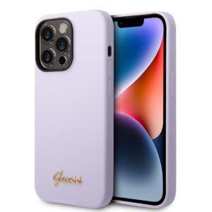 GUESS iPhone 14 Pro Silicone hoesje - Metal logo - Paars - productfoto