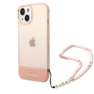 GUESS iPhone 14 Plus hoesje - Doorzichtig - met koord - Roze - productfoto