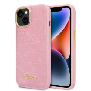 GUESS iPhone 14 Plus hoesje - Croco - Metal Buttons & Camera - Roze - productfoto