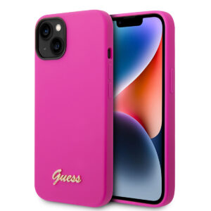 GUESS iPhone 14 Plus Silicone hoesje - Metal logo - Fuchsia - productfoto