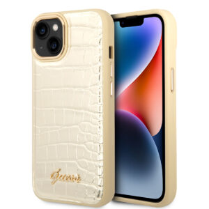 GUESS iPhone 14 hoesje - Croco - Metal Buttons & Camera - Goud - productfoto