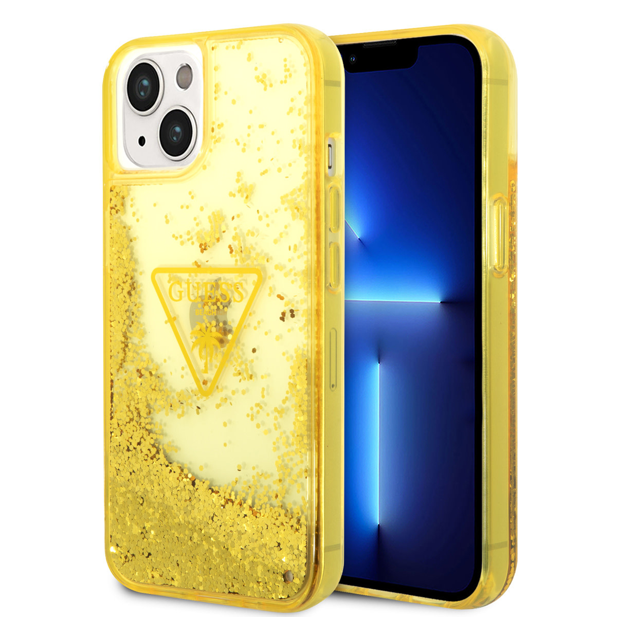 GUESS iPhone 14 hoesje - Liquid Glitter - Doorzichtig - Geel - productfoto