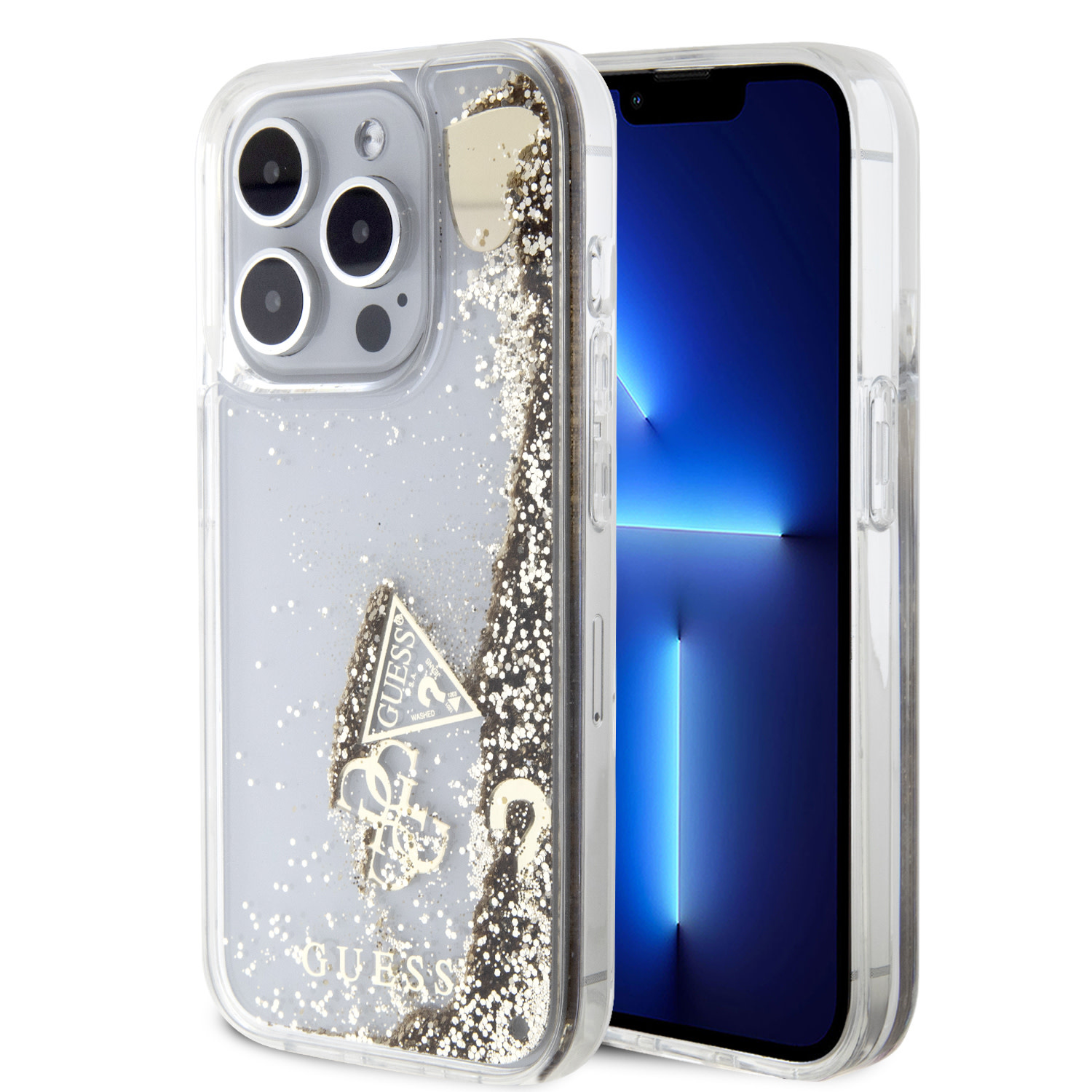 GUESS iPhone 15 Pro hoesje - Liquid Glitter - Charm Pattern - Goud - detail 1