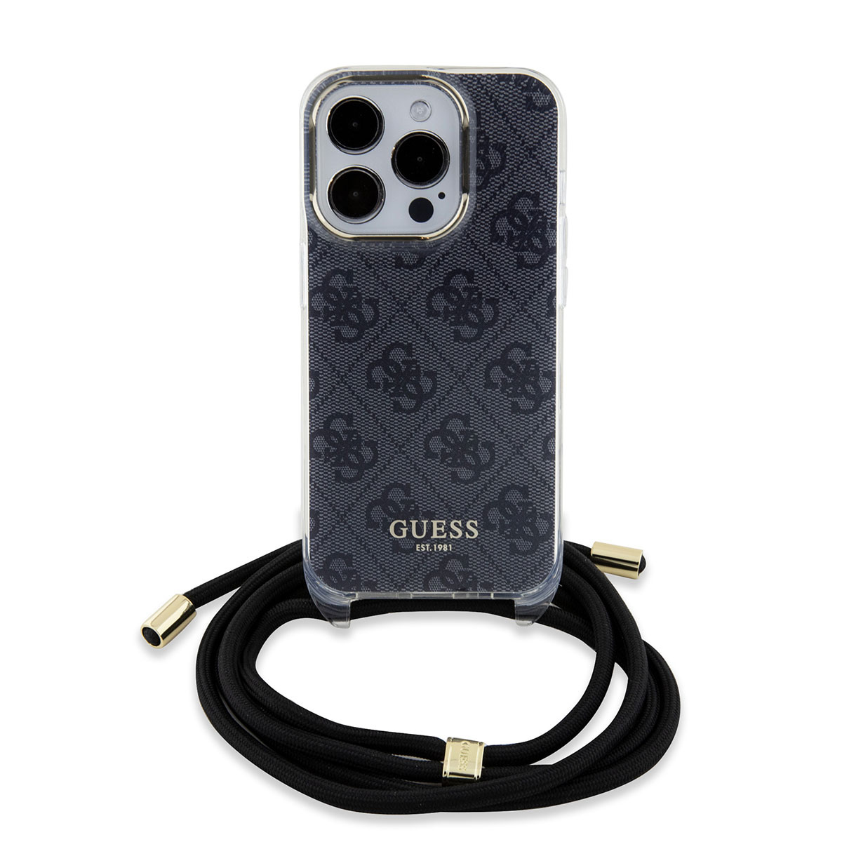GUESS iPhone 15 Pro hoesje Crossbody cord - 4G print - Zwart - productfoto