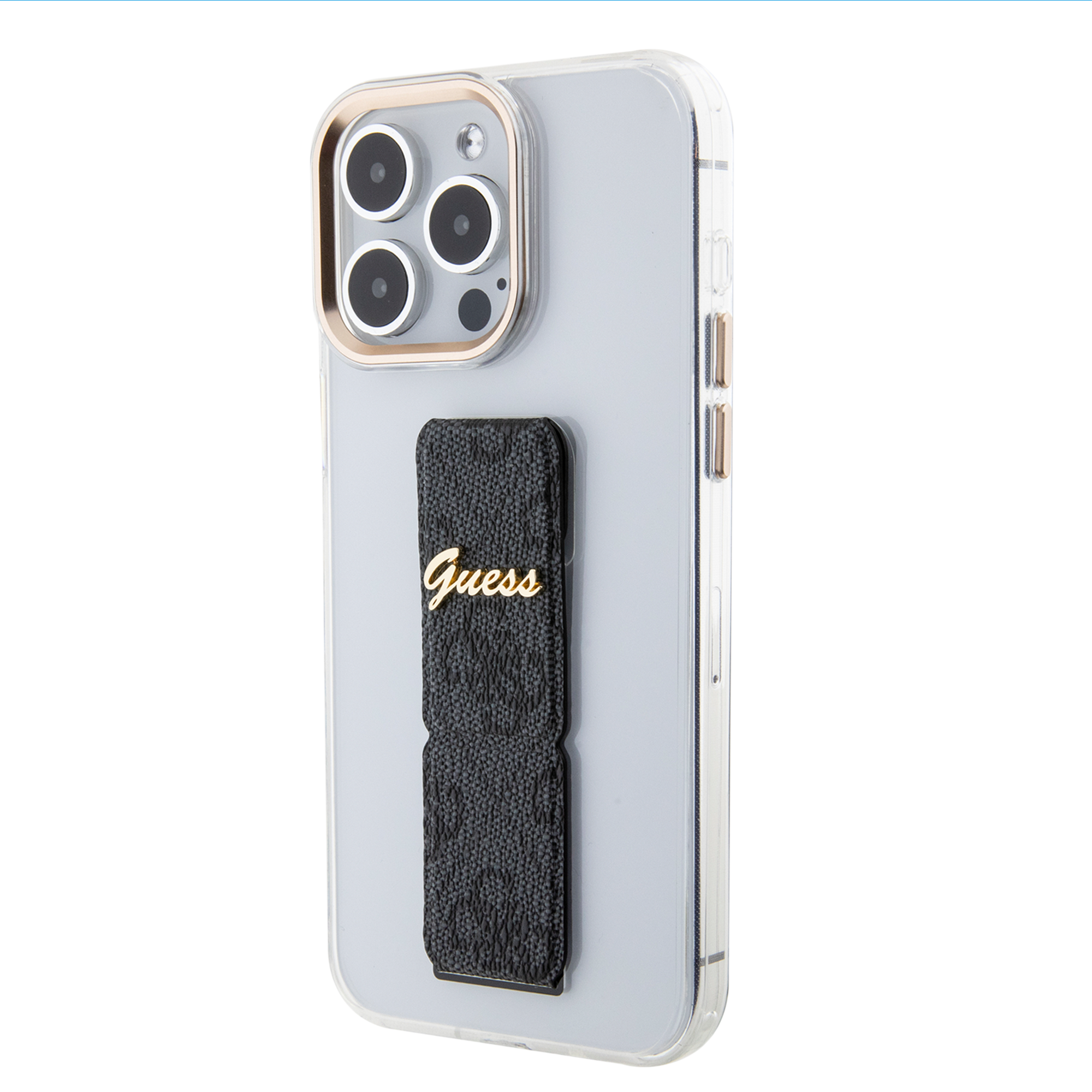 GUESS iPhone 15 Pro hoesje - Gripstand - Clear Case - 4G Script Logo - Zwart - detail 2