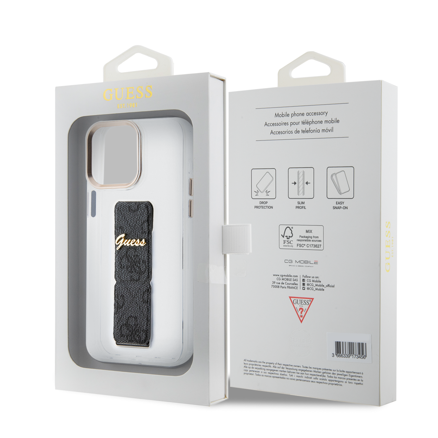 GUESS iPhone 15 Pro hoesje - Gripstand - Clear Case - 4G Script Logo - Zwart - detail 3