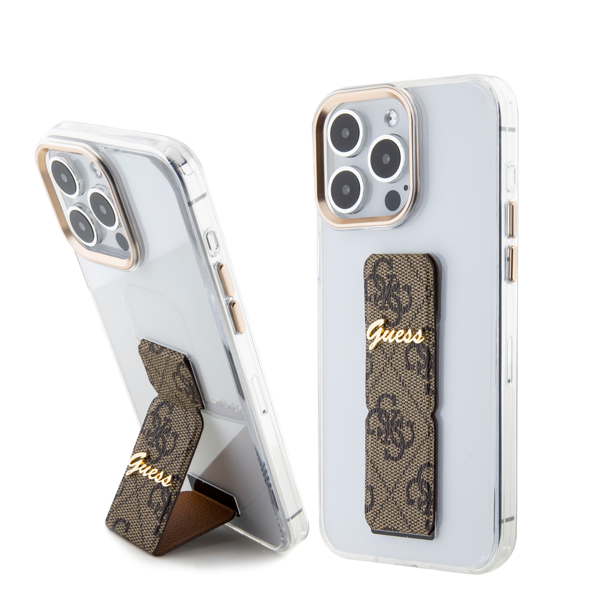 GUESS iPhone 15 Pro hoesje - Gripstand - Clear Case - 4G Script Logo - Bruin - detail 1