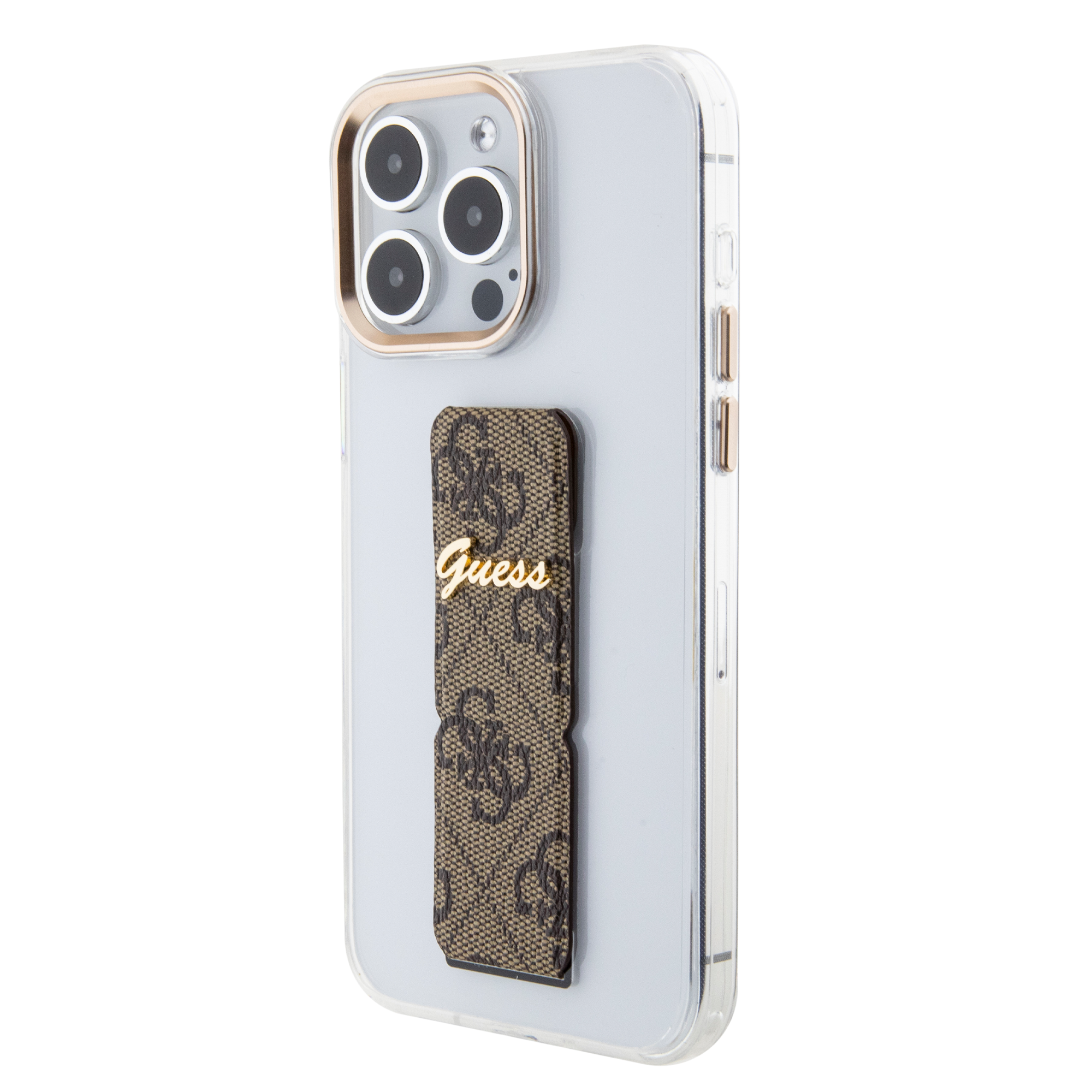 GUESS iPhone 15 Pro hoesje - Gripstand - Clear Case - 4G Script Logo - Bruin - detail 2