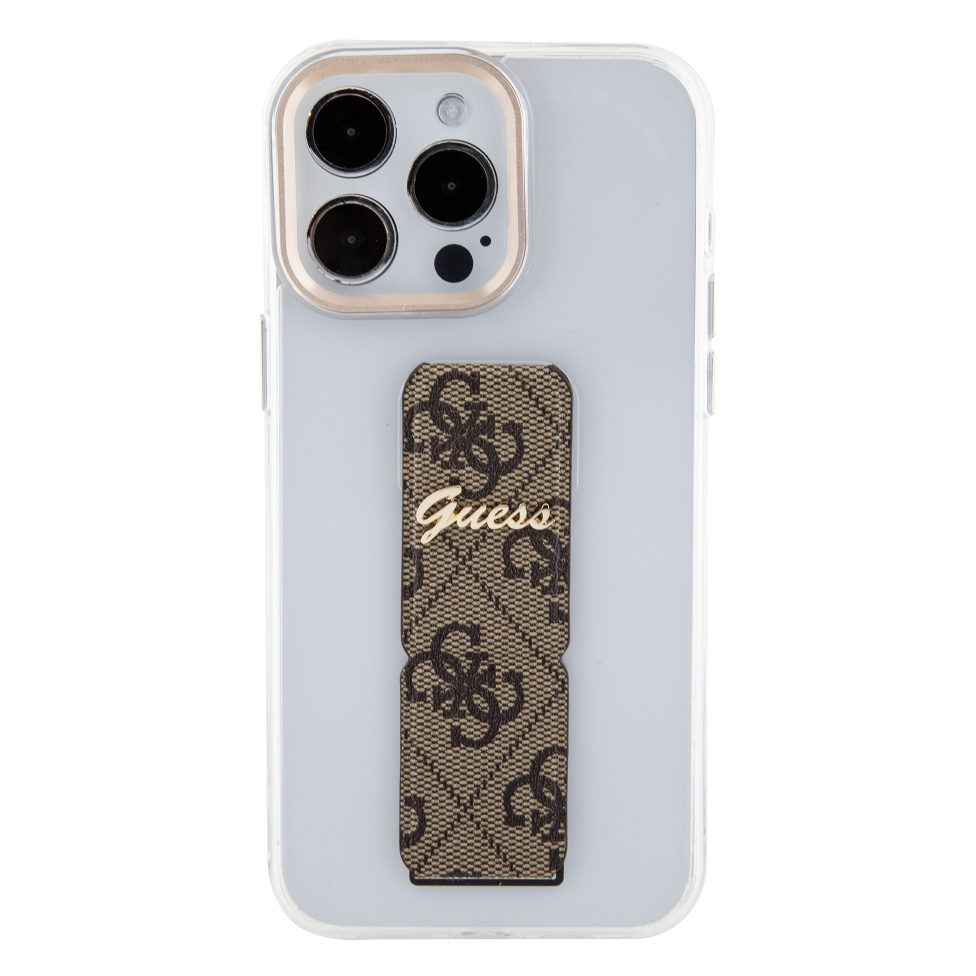 GUESS iPhone 15 Pro hoesje - Gripstand - Clear Case - 4G Script Logo - Bruin - detail 3