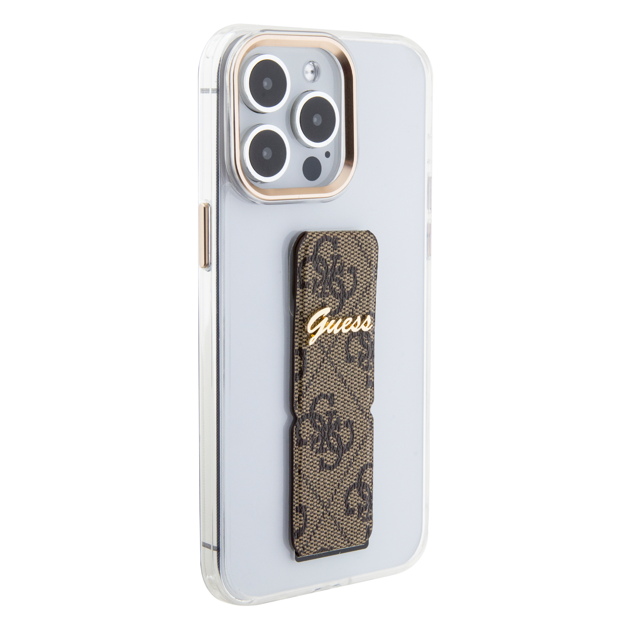 GUESS iPhone 15 Pro hoesje - Gripstand - Clear Case - 4G Script Logo - Bruin - detail 4