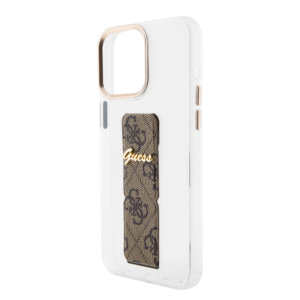 GUESS iPhone 15 Pro hoesje - Gripstand - Clear Case - 4G Script Logo - Bruin - productfoto