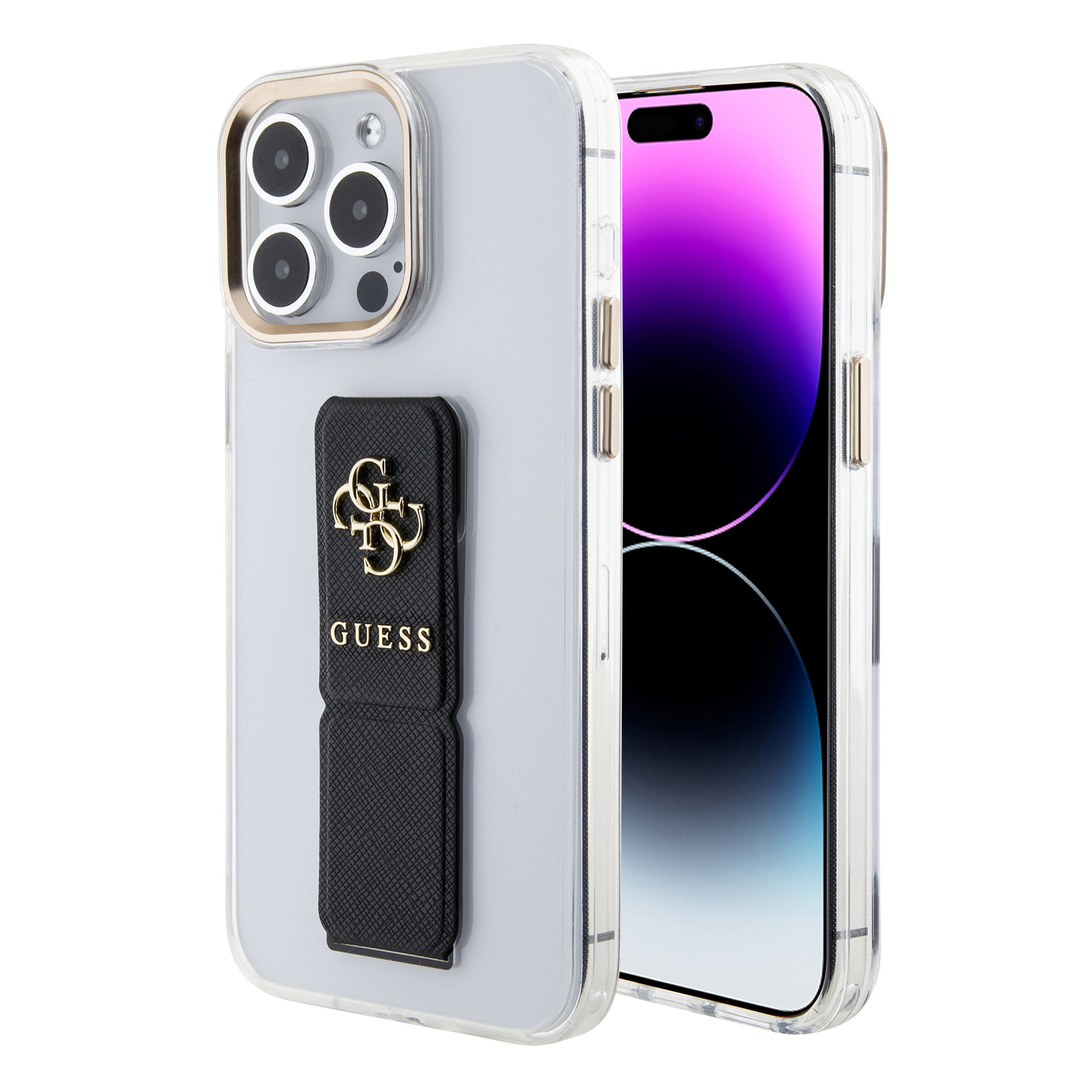 GUESS iPhone 15 Pro hoesje - Saffiano Gripstand - Clear Case - 4G Metal Logo - Zwart - detail 1