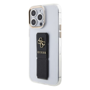 GUESS iPhone 15 Pro hoesje - Saffiano Gripstand - Clear Case - 4G Metal Logo - Zwart - productfoto