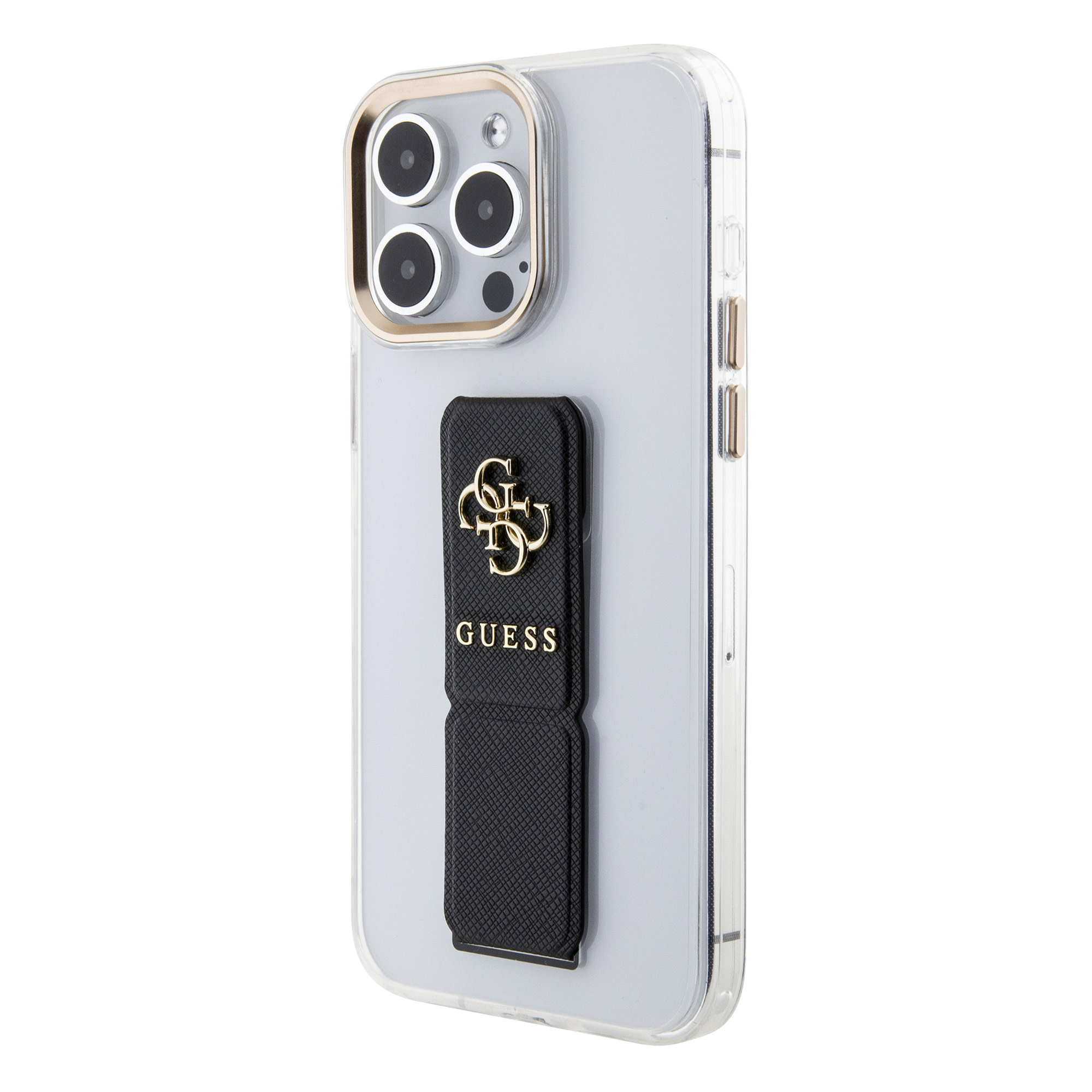 GUESS iPhone 15 Pro hoesje - Saffiano Gripstand - Clear Case - 4G Metal Logo - Zwart - productfoto