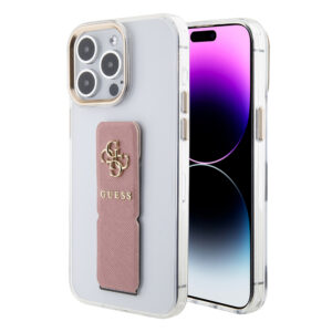 GUESS iPhone 15 Pro hoesje - Saffiano Gripstand - Clear Case - 4G Metal Logo - Roze - productfoto