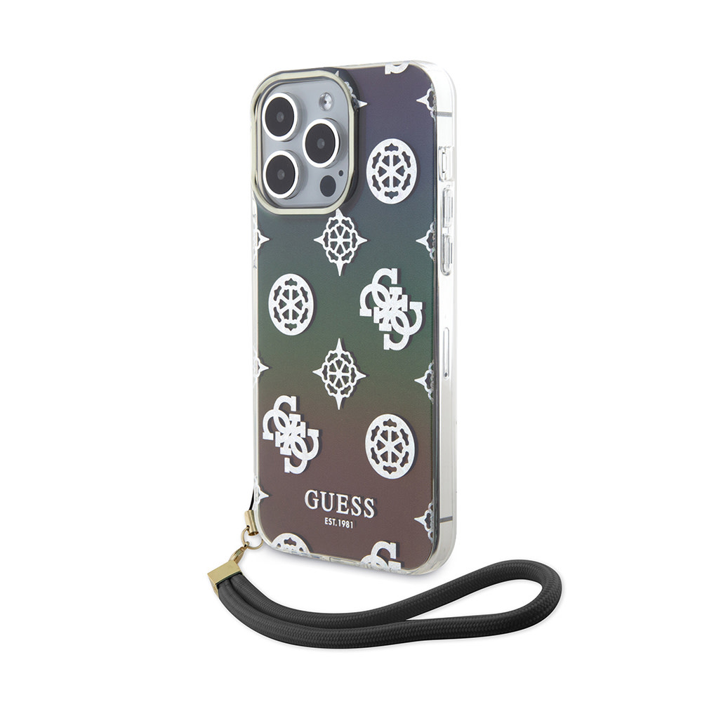 GUESS iPhone 15 Pro hoesje Iridescent - Glitter pattern peony - cordstrap - Zwart - productfoto