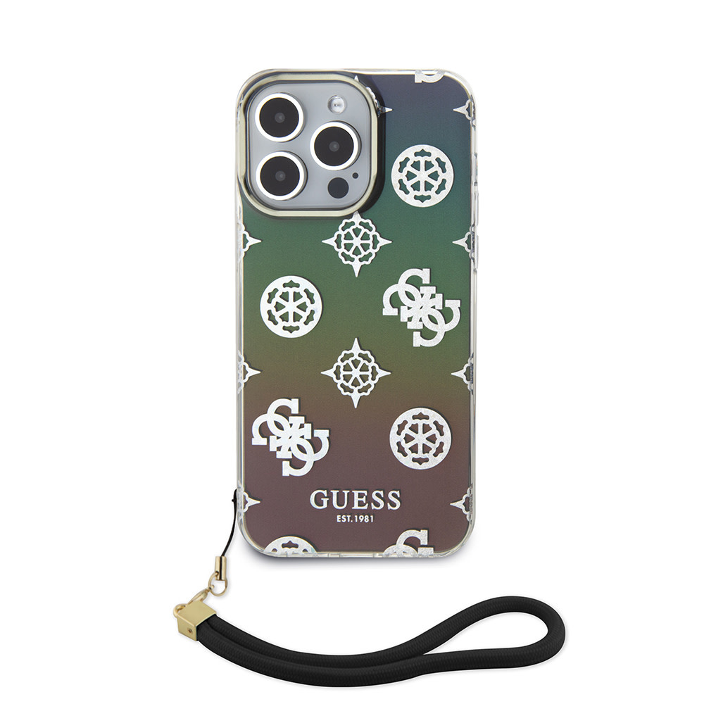 GUESS iPhone 15 Pro hoesje Iridescent - Glitter pattern peony - cordstrap - Zwart - detail 1