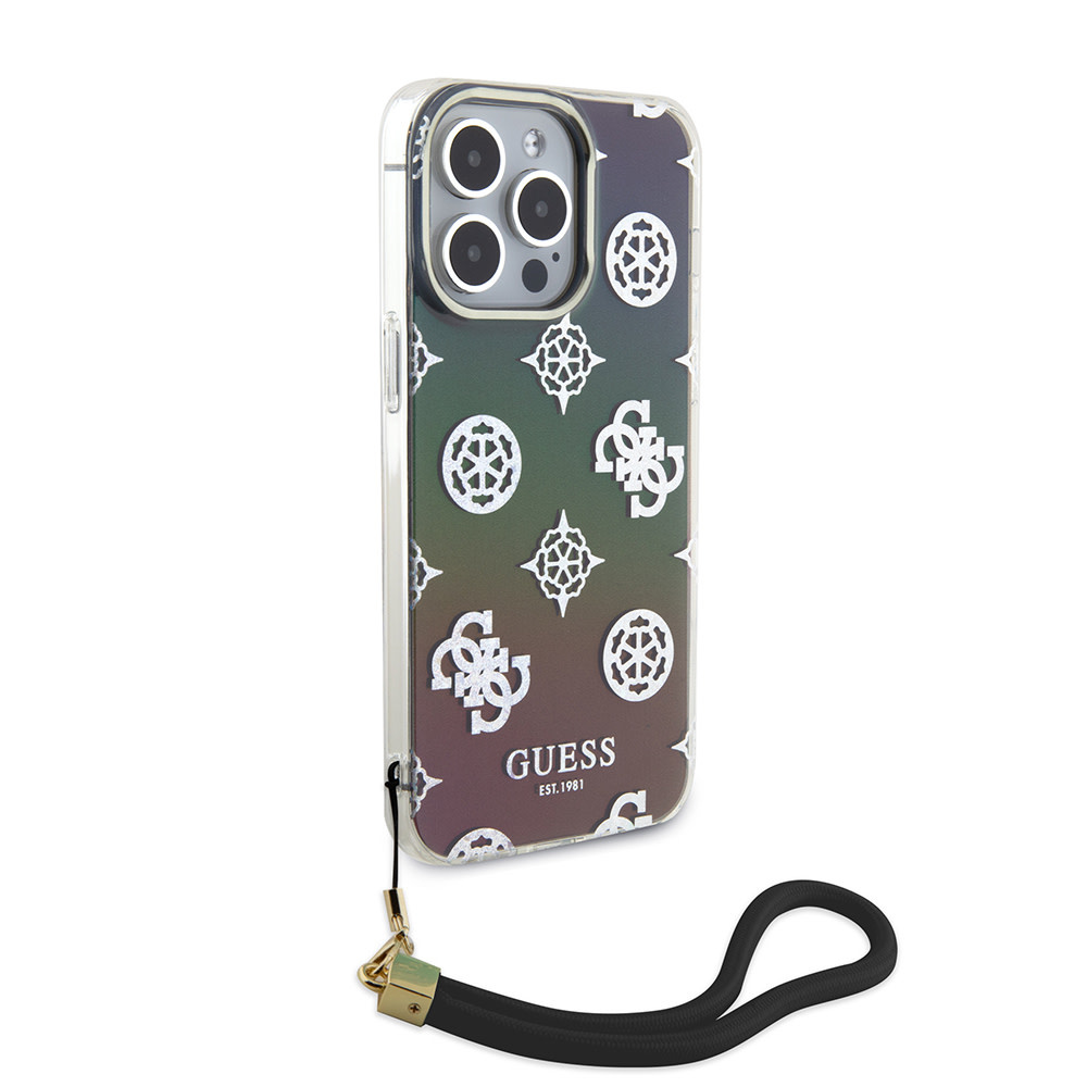 GUESS iPhone 15 Pro hoesje Iridescent - Glitter pattern peony - cordstrap - Zwart - detail 2
