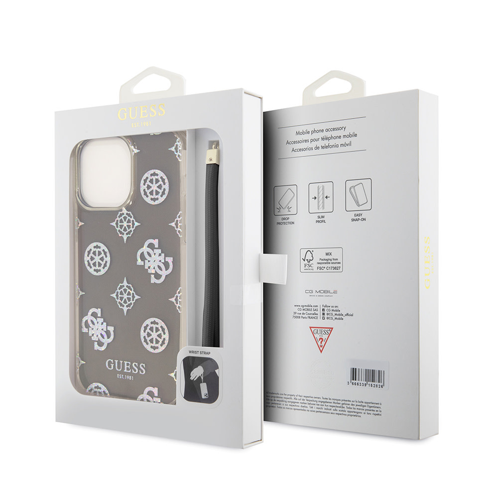 GUESS iPhone 15 Pro hoesje Iridescent - Glitter pattern peony - cordstrap - Zwart - detail 6