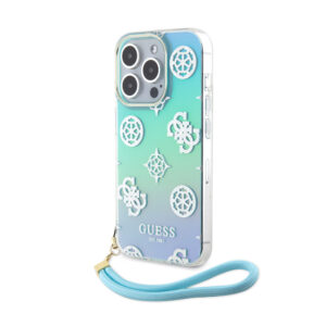 GUESS iPhone 15 Pro hoesje Iridescent - Glitter pattern peony - cordstrap - Turquoise - productfoto