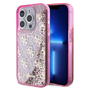 GUESS iPhone 15 Pro hoesje - Liquid Glitter - 4G Pattern - Roze - productfoto