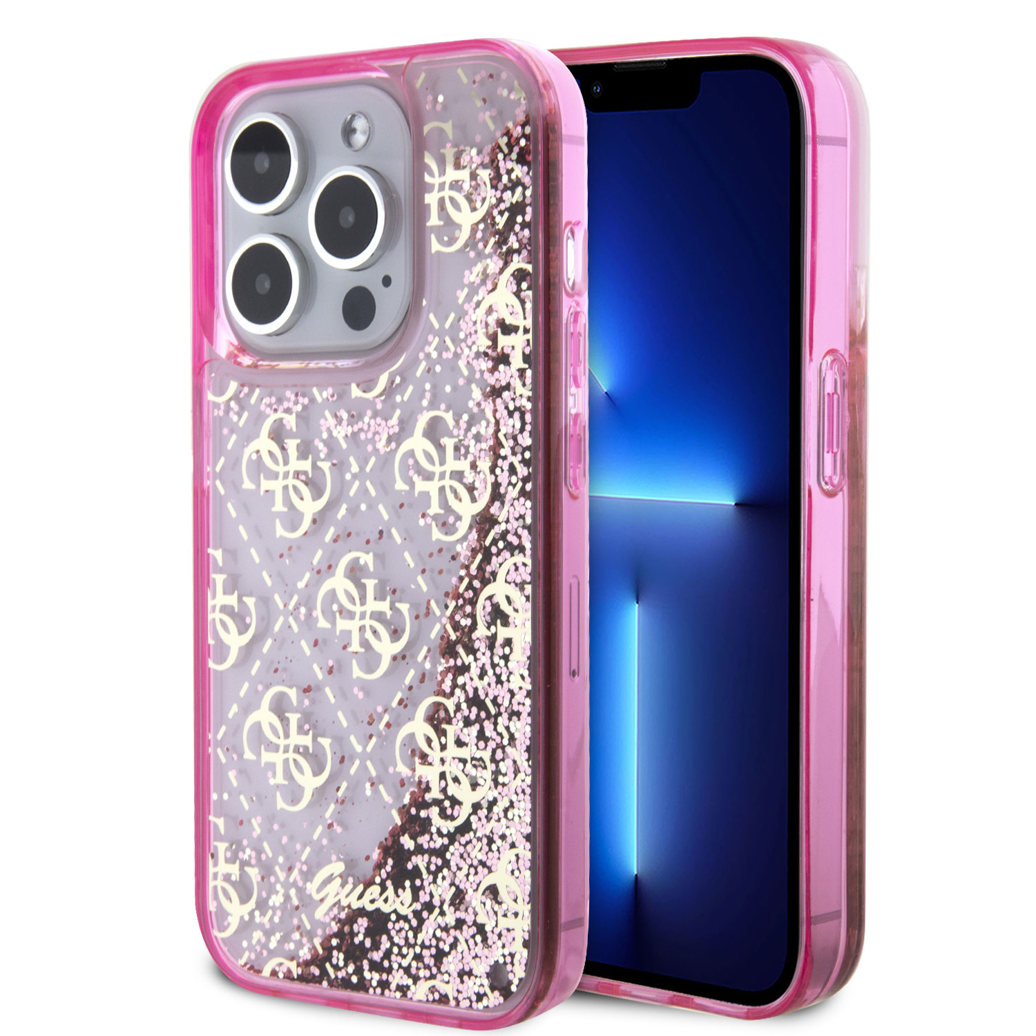 GUESS iPhone 15 Pro hoesje - Liquid Glitter - 4G Pattern - Roze - productfoto