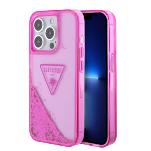 GUESS iPhone 15 Pro hoesje - Liquid Glitter - Translucent Logo - Fuchsia - productfoto