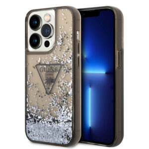 GUESS iPhone 15 Pro hoesje - Liquid Glitter - Translucent Logo - Zwart - productfoto