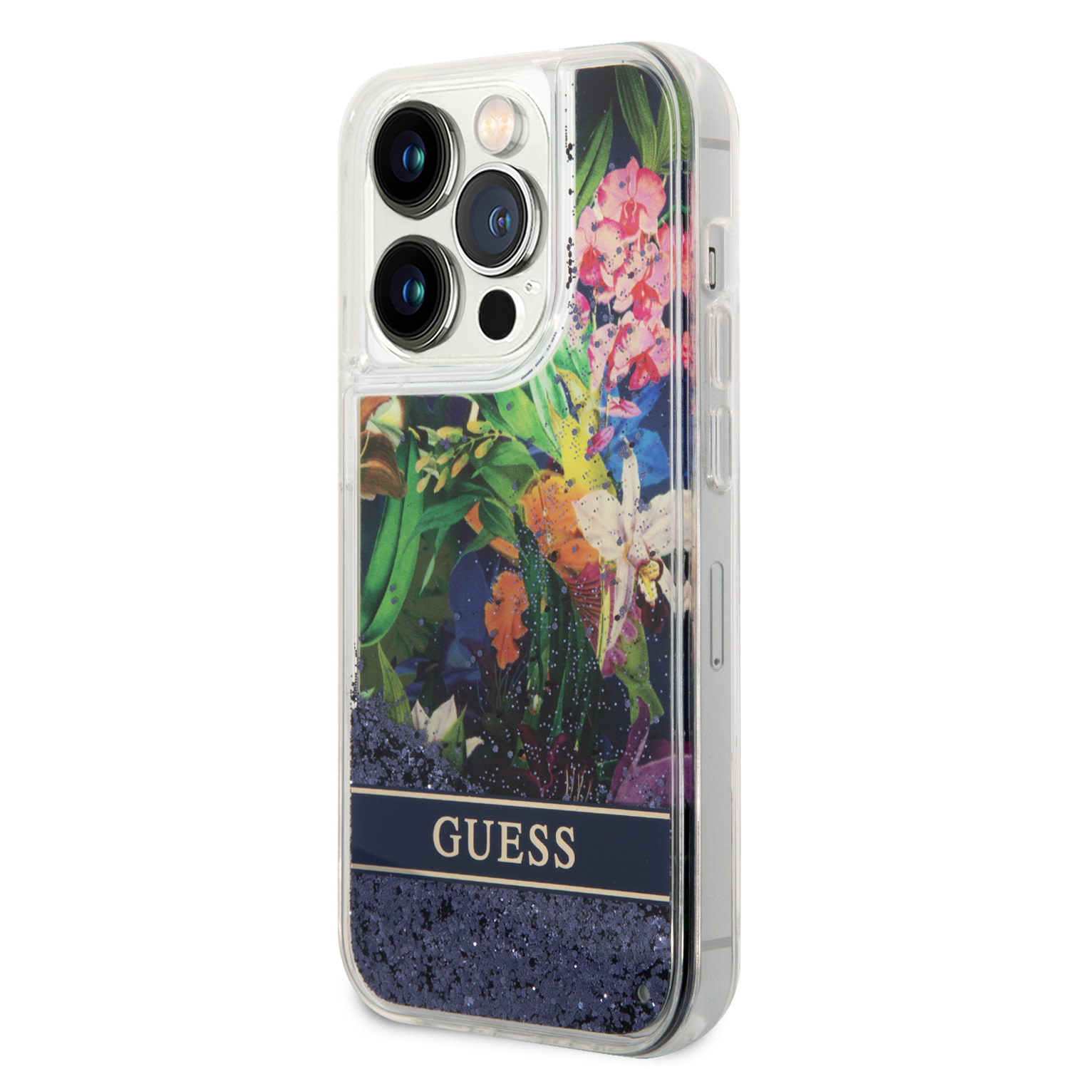 GUESS iPhone 15 Pro hoesje - Liquid Glitter - Flower Pattern - Blauw - detail 1