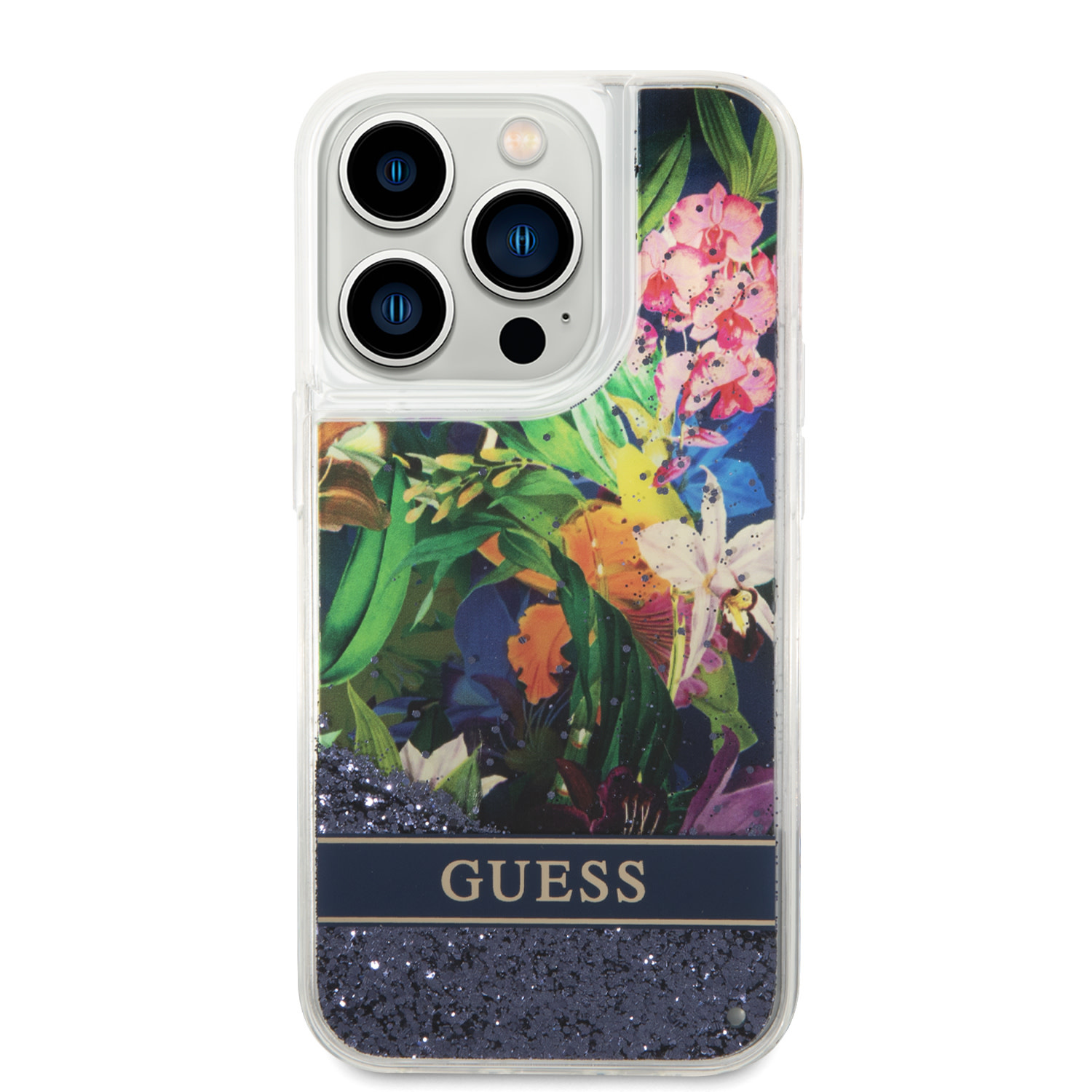 GUESS iPhone 15 Pro hoesje - Liquid Glitter - Flower Pattern - Blauw - detail 2
