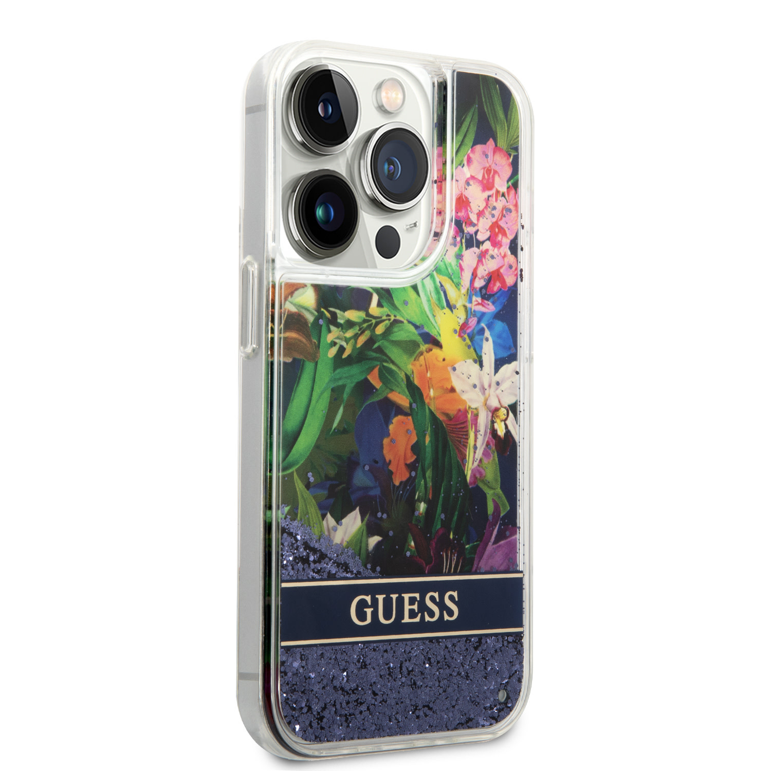 GUESS iPhone 15 Pro hoesje - Liquid Glitter - Flower Pattern - Blauw - detail 3