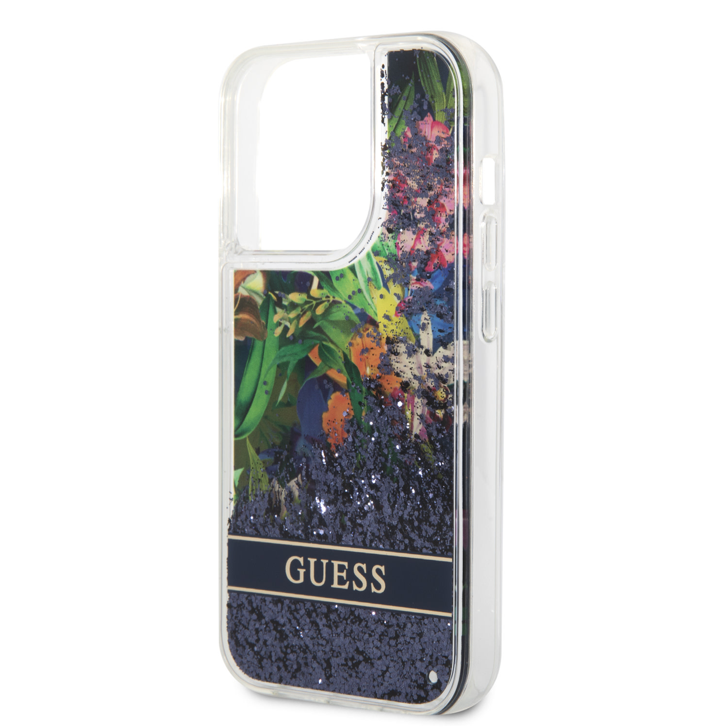GUESS iPhone 15 Pro hoesje - Liquid Glitter - Flower Pattern - Blauw - detail 5