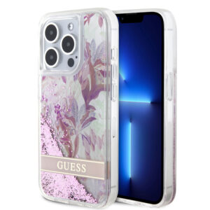 GUESS iPhone 15 Pro hoesje - Liquid Glitter - Flower Pattern - Roze - productfoto