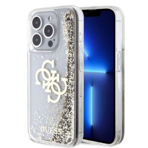 GUESS iPhone 15 Pro hoesje - Liquid Glitter - Electroplated Logo - Goud - productfoto