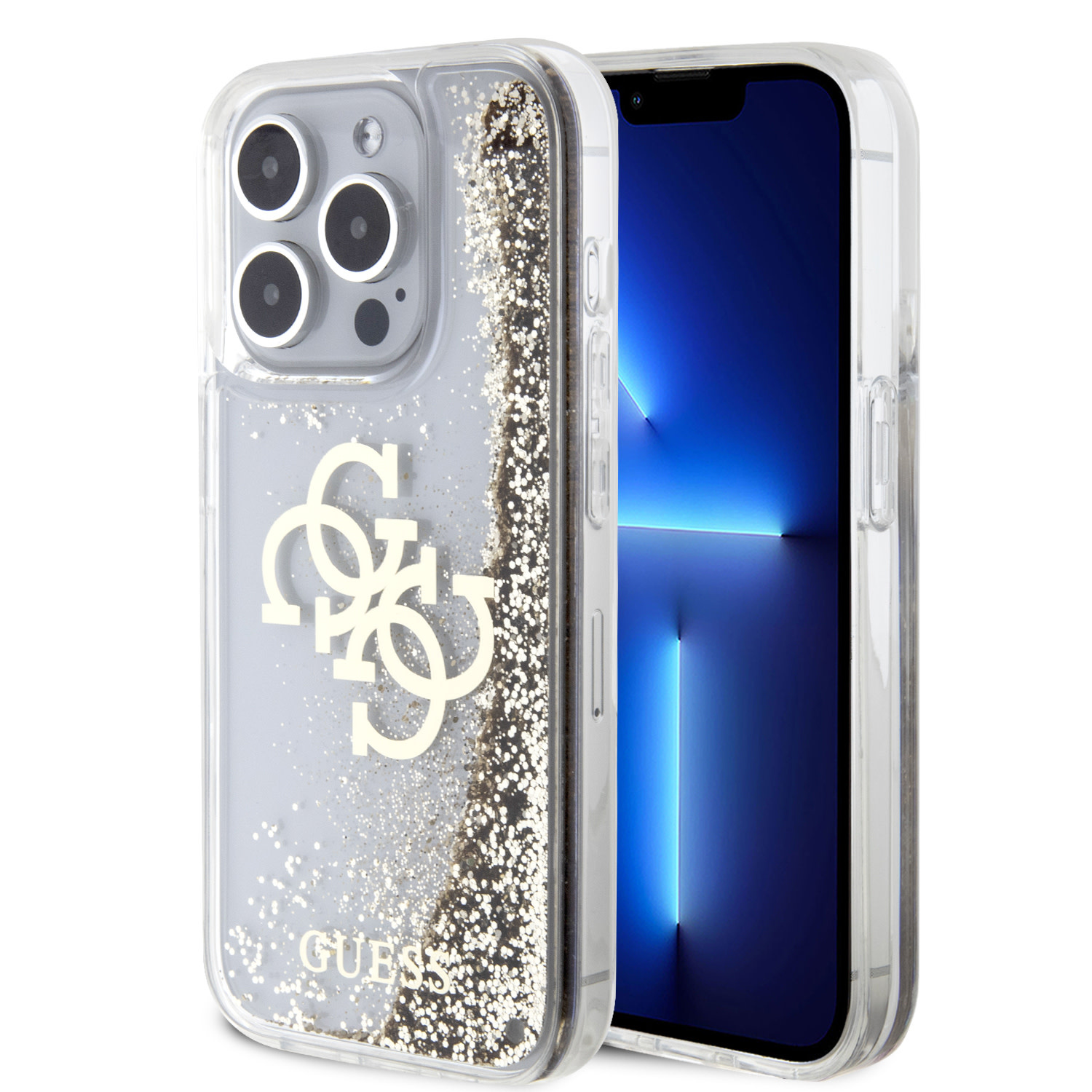 GUESS iPhone 15 Pro hoesje - Liquid Glitter - Electroplated Logo - Goud - productfoto