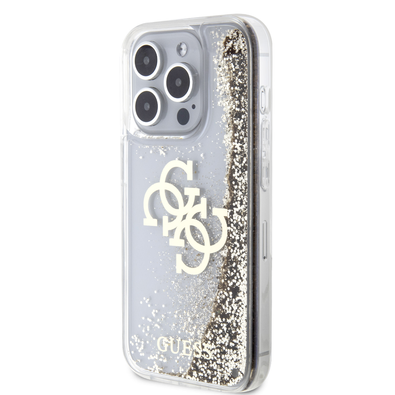 GUESS iPhone 15 Pro hoesje - Liquid Glitter - Electroplated Logo - Goud - detail 1