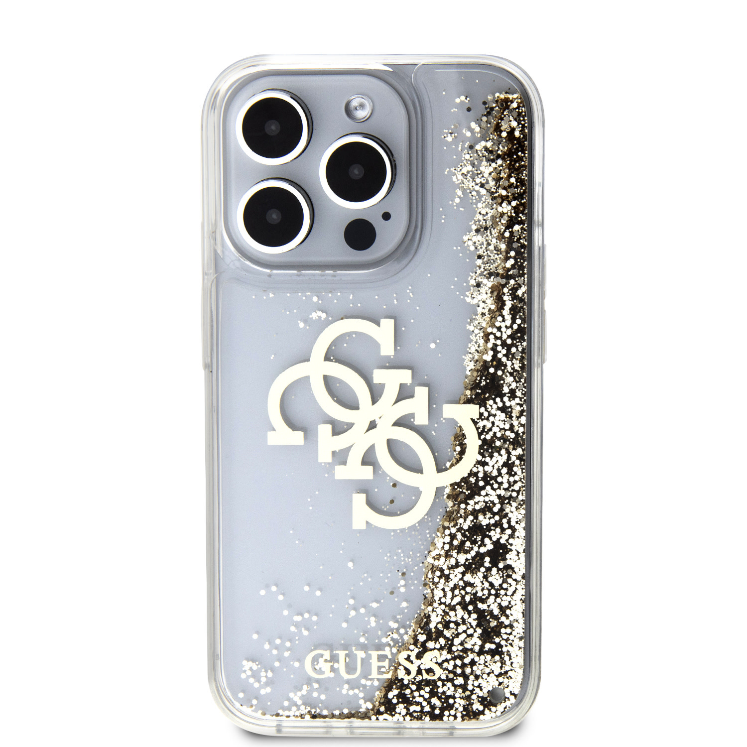 GUESS iPhone 15 Pro hoesje - Liquid Glitter - Electroplated Logo - Goud - detail 2