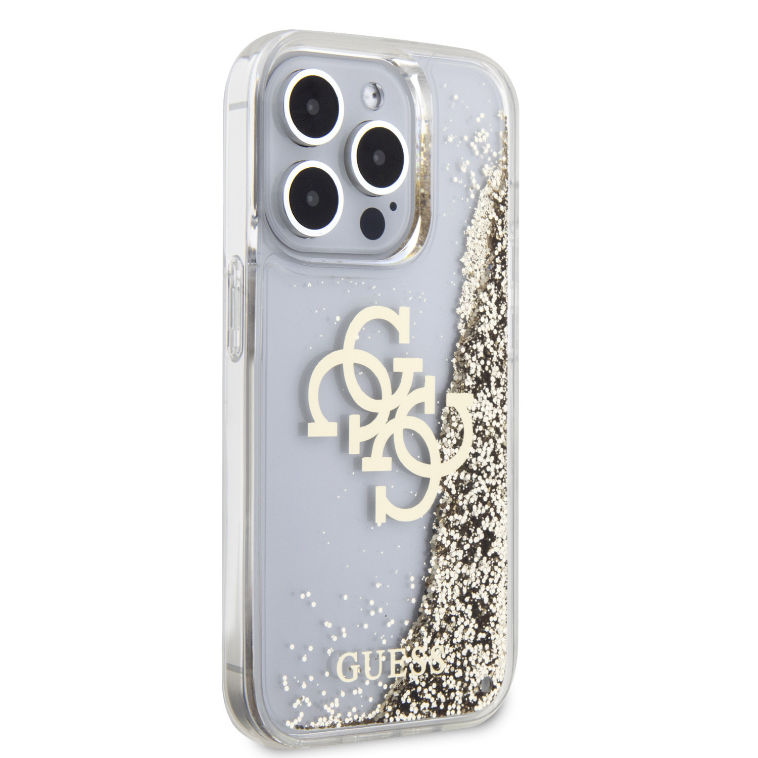 GUESS iPhone 15 Pro hoesje - Liquid Glitter - Electroplated Logo - Goud - detail 3