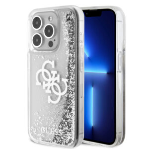 GUESS iPhone 15 Pro hoesje - Liquid Glitter - Electroplated Logo - Zilver - productfoto