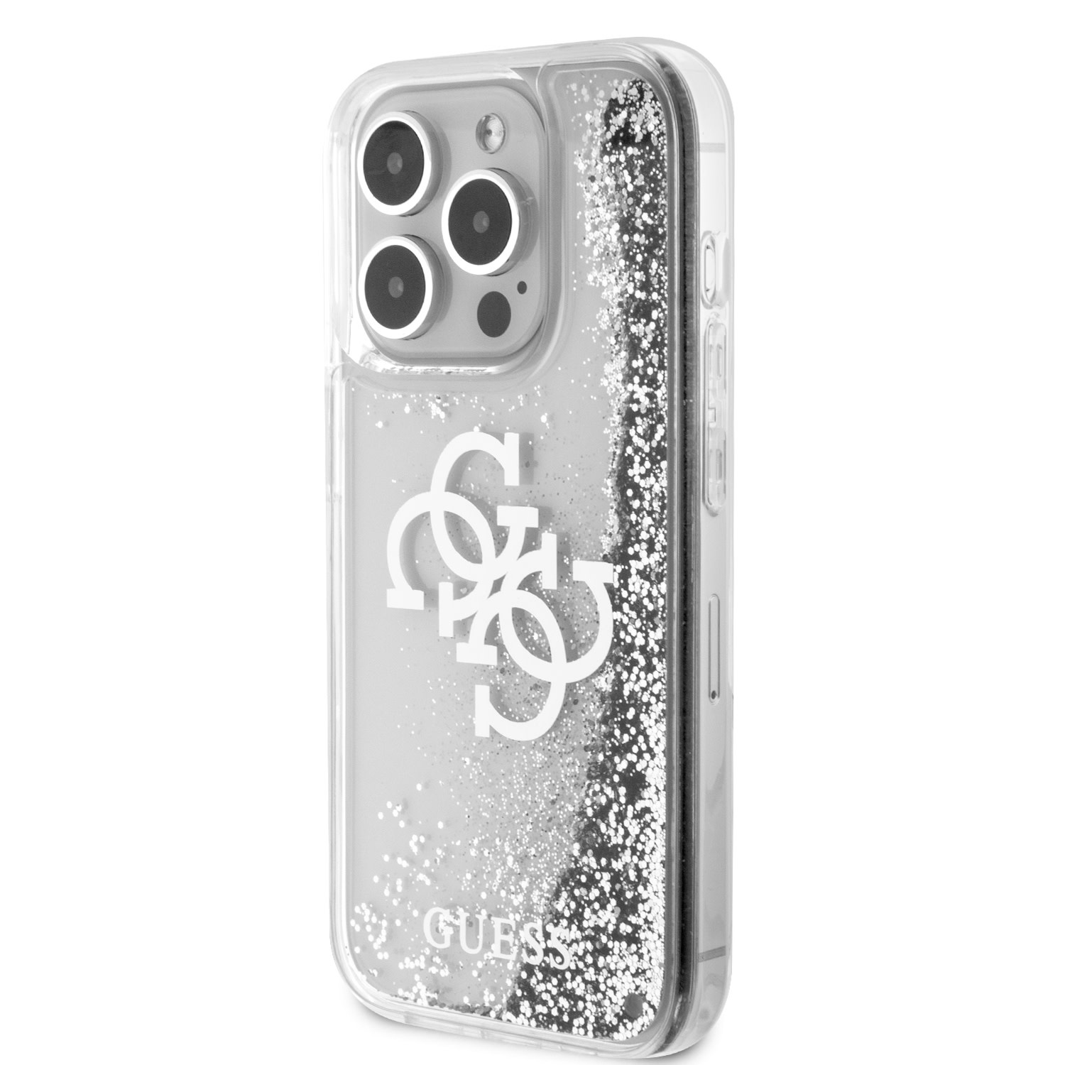 GUESS iPhone 15 Pro hoesje - Liquid Glitter - Electroplated Logo - Zilver - detail 1