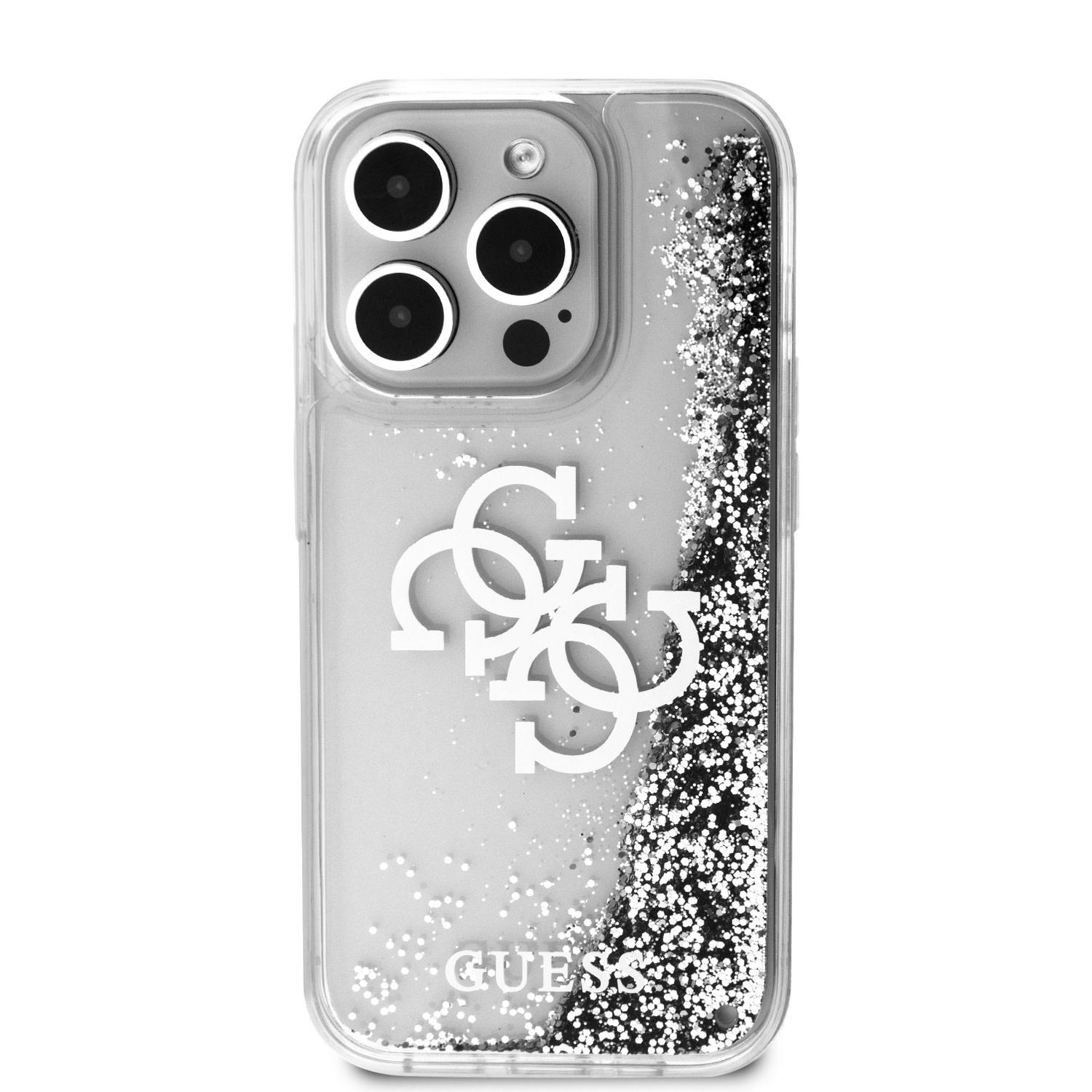 GUESS iPhone 15 Pro hoesje - Liquid Glitter - Electroplated Logo - Zilver - detail 2