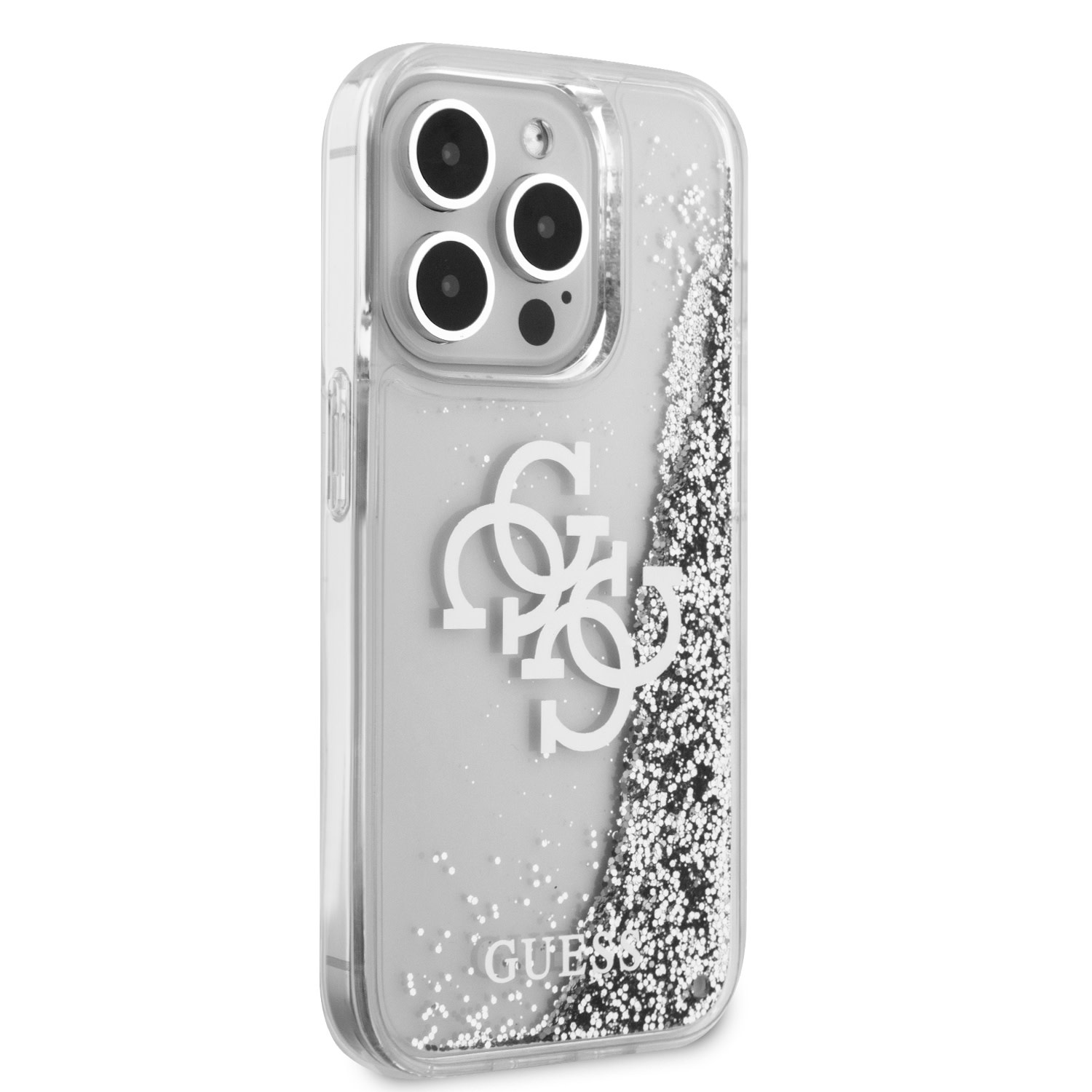GUESS iPhone 15 Pro hoesje - Liquid Glitter - Electroplated Logo - Zilver - detail 3