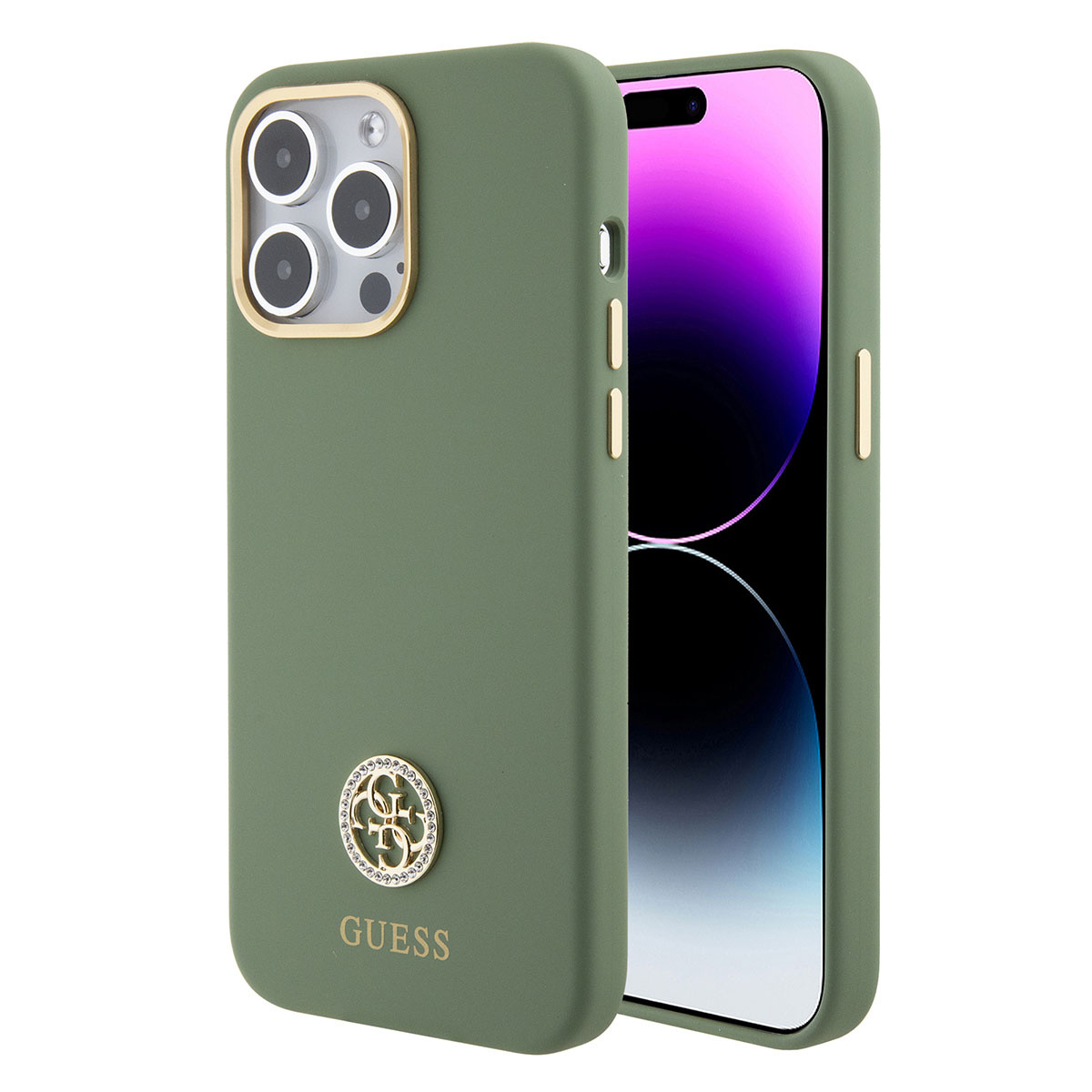 GUESS iPhone 15 Pro hoesje Logo strass 4G - Kaki - productfoto