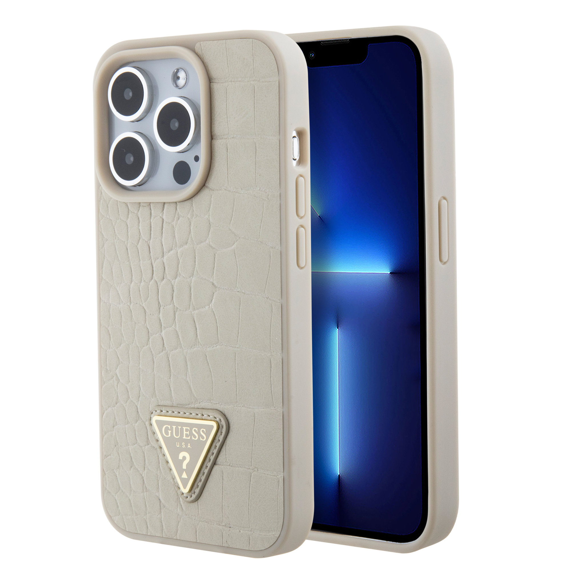 GUESS iPhone 15 Pro hoesje - Croco - Triangle Logo - Goud - detail 1