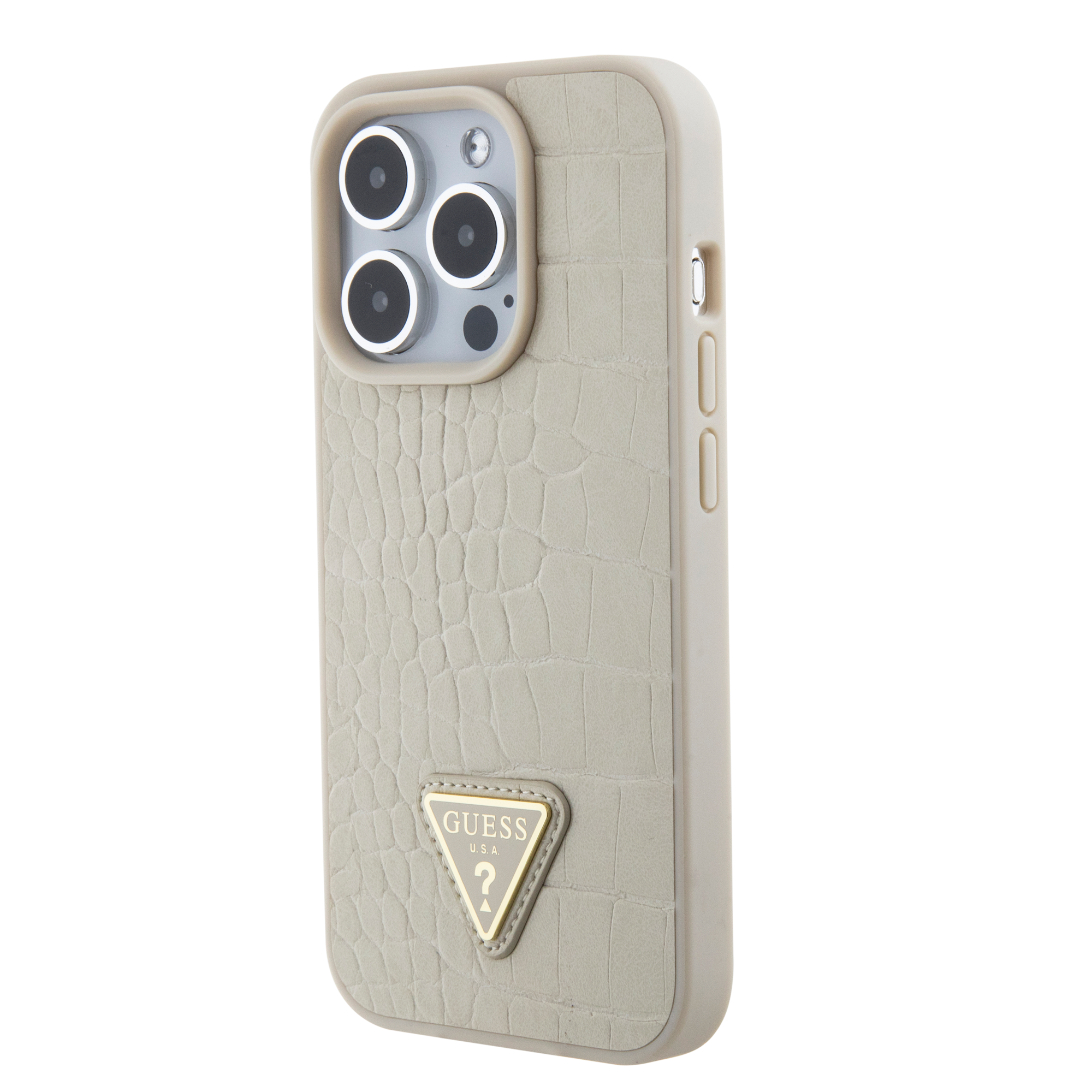 GUESS iPhone 15 Pro hoesje - Croco - Triangle Logo - Goud - detail 2