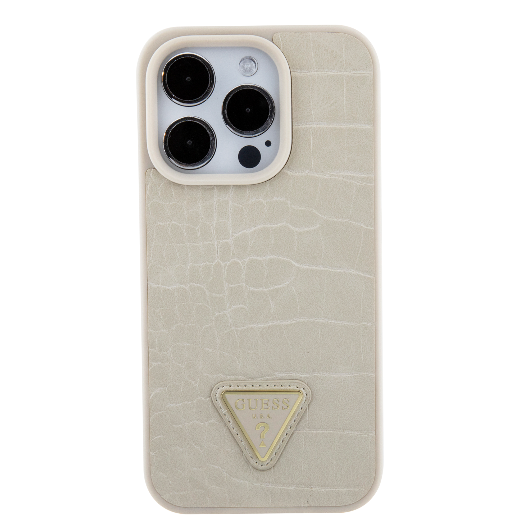 GUESS iPhone 15 Pro hoesje - Croco - Triangle Logo - Goud - detail 3