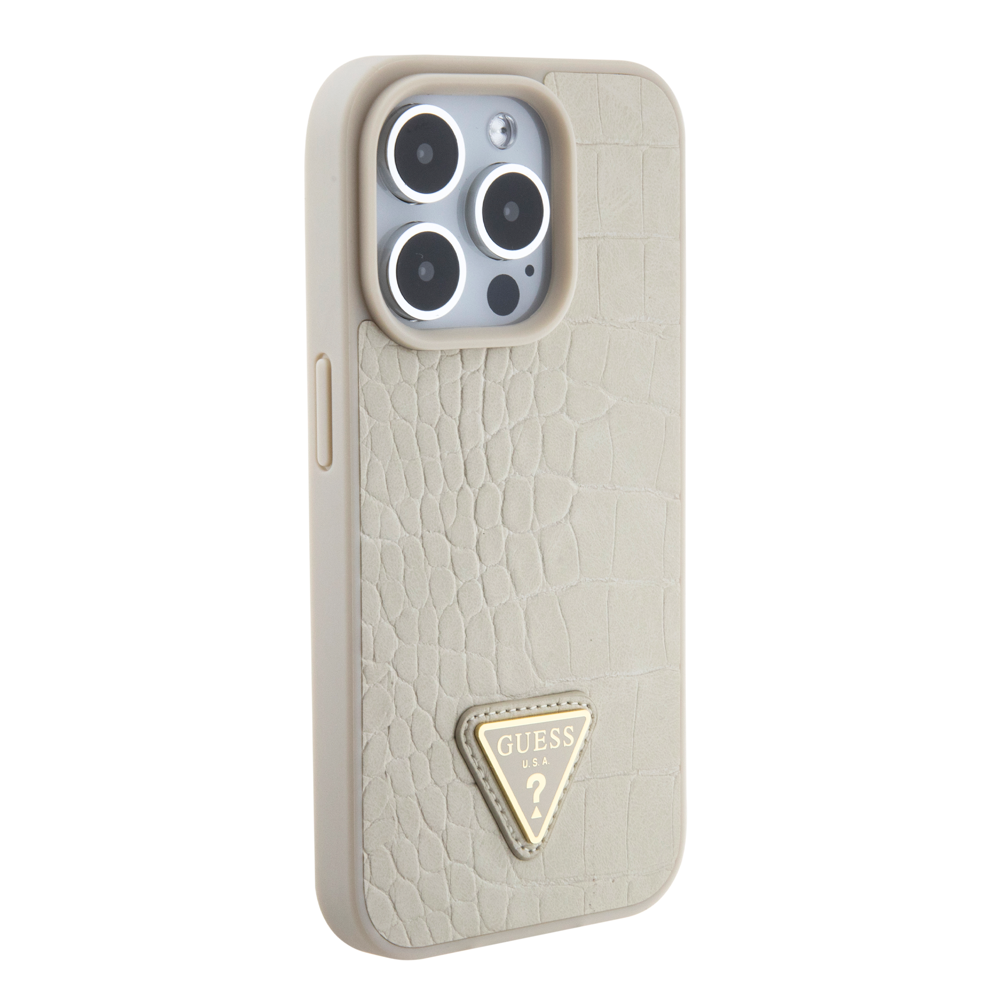GUESS iPhone 15 Pro hoesje - Croco - Triangle Logo - Goud - detail 4
