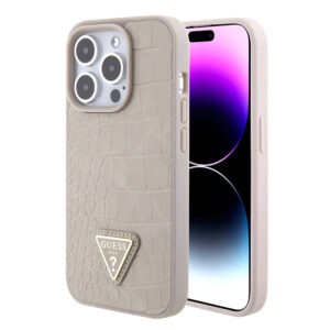 GUESS iPhone 15 Pro hoesje Croco triangle logo - Taupe - productfoto