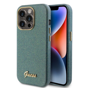 GUESS iPhone 15 Pro TPU Back Cover hoesje - Glitter Glossy Script - Khaki - productfoto