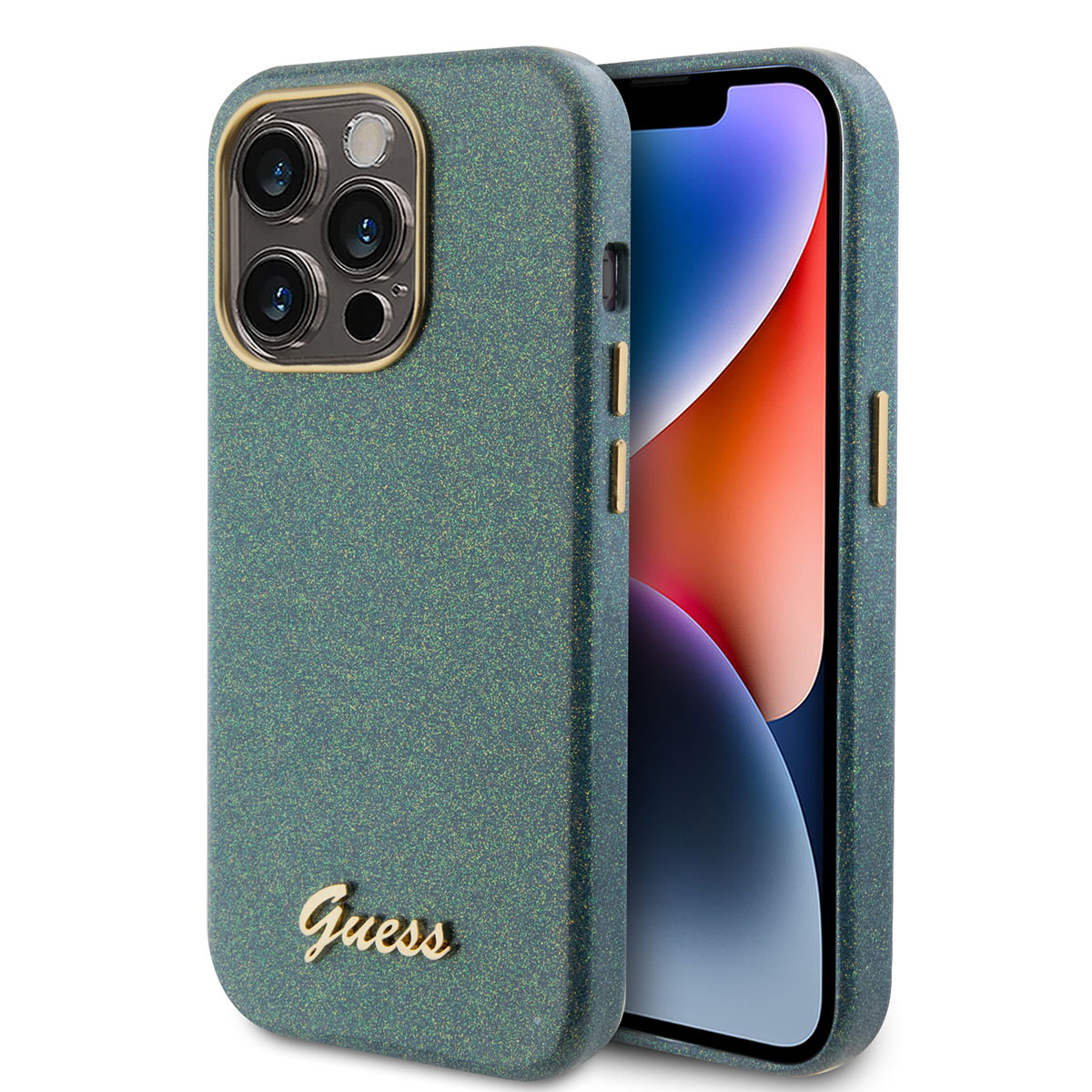 GUESS iPhone 15 Pro TPU Back Cover hoesje - Glitter Glossy Script - Khaki - productfoto